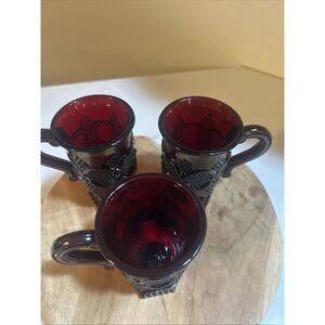 AVON 1876 CAPE COD COLLECTION RUBY RED PEDESTAL MUGS Set of 3 Vintage